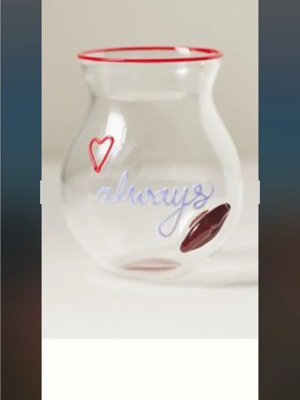 Anthropologie Clear Glass Vase with Red Trim and Heart Accent